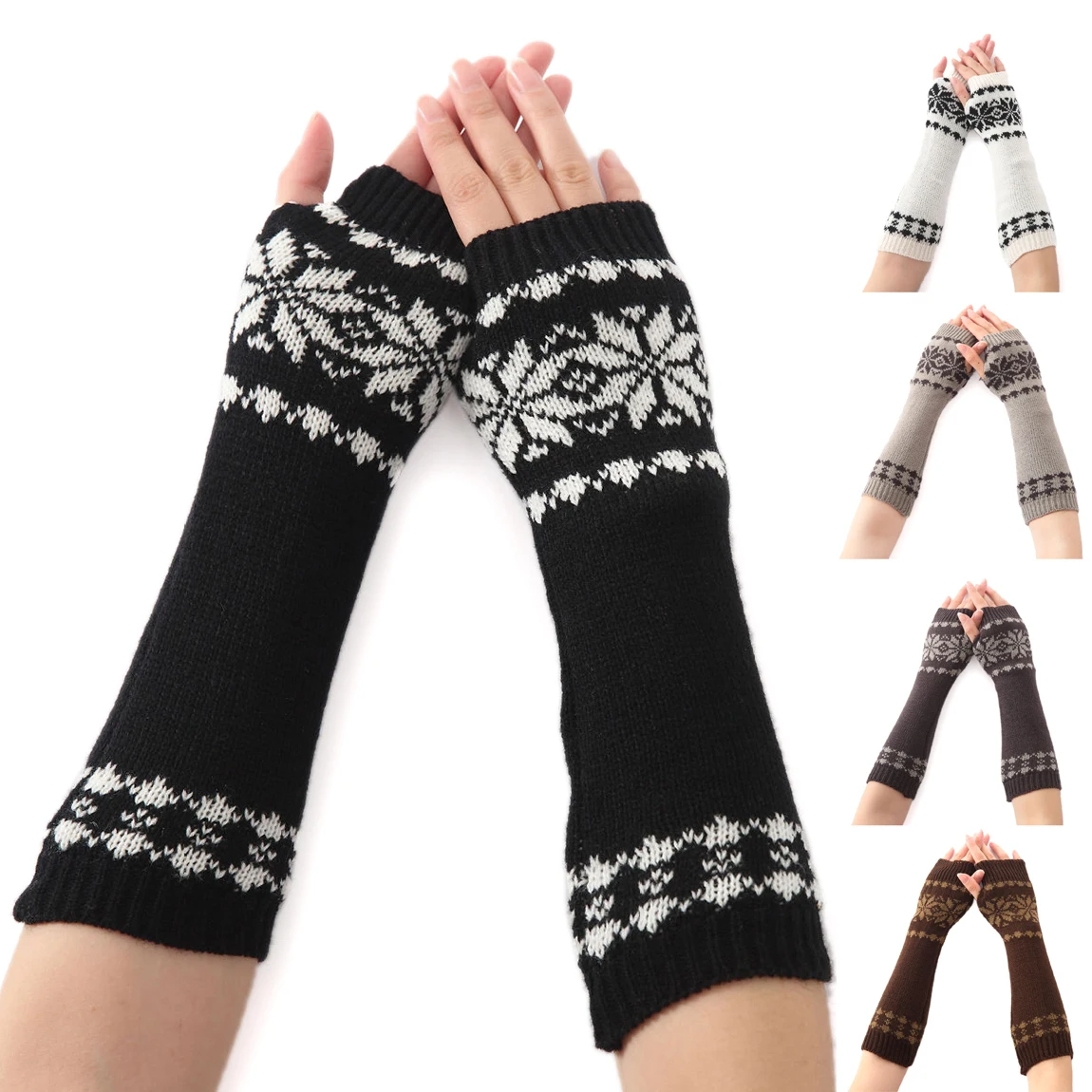 

Trend Colored Flower Cartoon Pattern Women Knitted Half-fingered Gloves Unisex Ladies Mid-length Arm Sleeve Warm Mittens