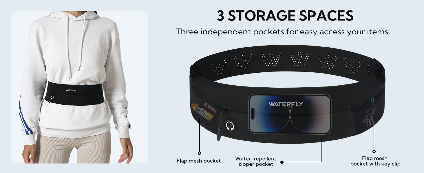 WATERFLY Laufgürtel-Gürteltasche: Schlanke Hüfttasche für Männer und Frauen, Workout, Fitness, Handyhalter für Übungen, Marathon, Joggen, Schwarz – Detail 4