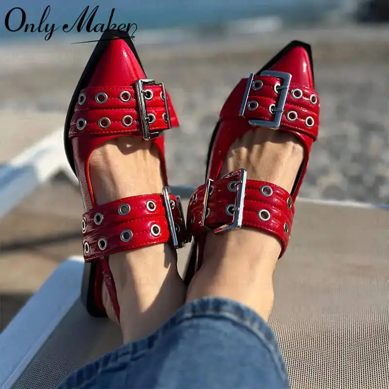 Onlymaker Women Black Pointed Toe Belt Buckle Slingback Flats Comfortable Punk Retro Mary Jane Female Shoes