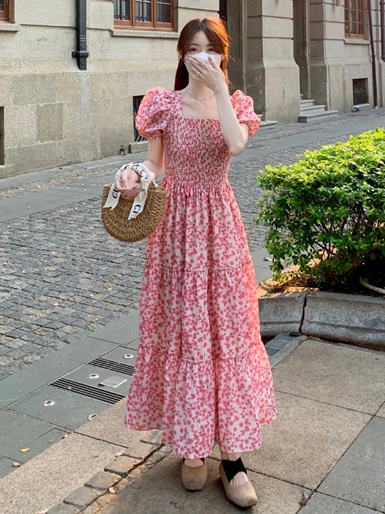 

Korean Fashion Floral Maxi Dresses Puff Sleeve Sexy Low Cut Beach Long Dresses Elegant Casual Ladies Women Dresses Summer 2023