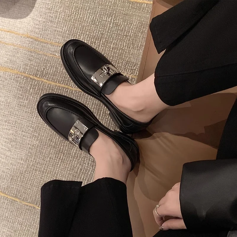 

Silver Lock Buckle Thick Bottom Black Leather Shoes 2024 Round Toe Thick Heel Oxford Loafers Platform British Shoes for Women