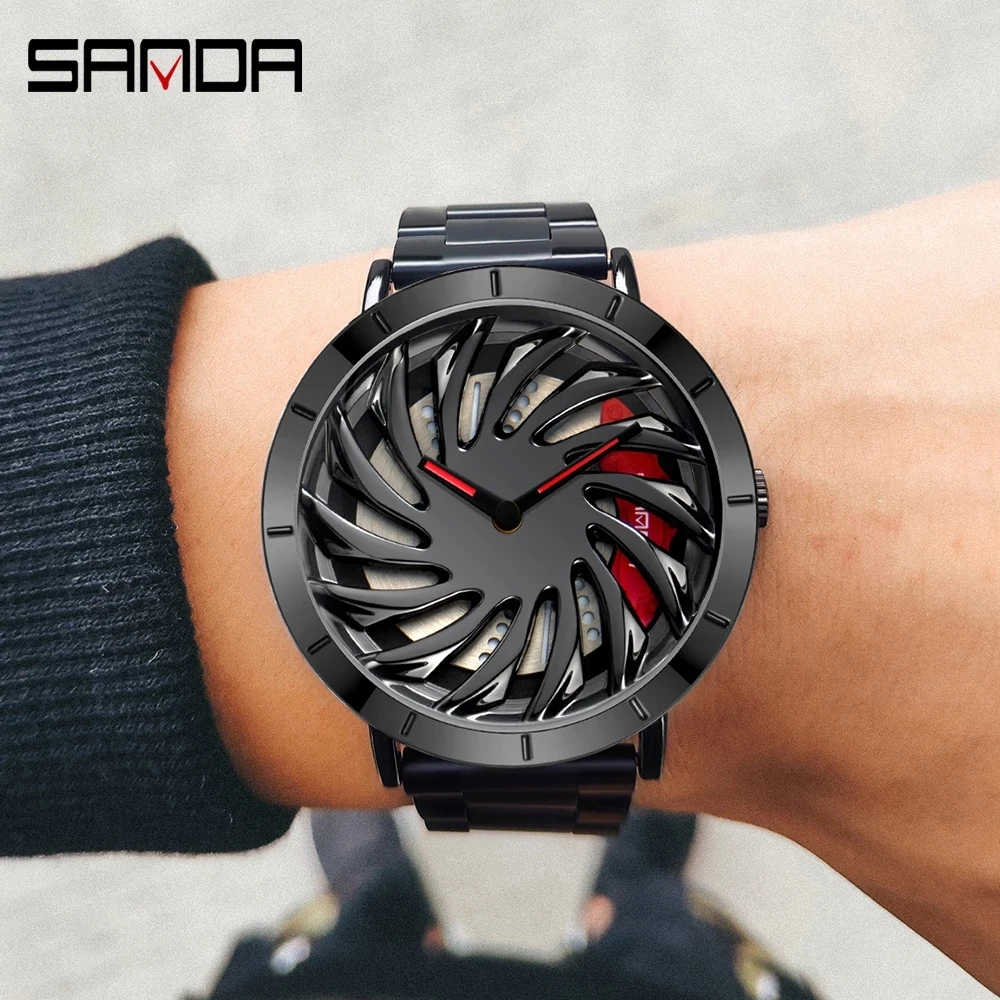SANDA Brand New Luxury Men Watch Unique 360° Spinning Dial Wheel Watches Quartz Movement Waterproof Male Clock Montre Homme 1056