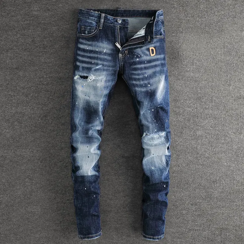 Street Fashion Men Jeans High Quality Retro Blue Stretch Slim Fit Ripped Jeans Painted Designer Brand Vintage Denim Pants Men