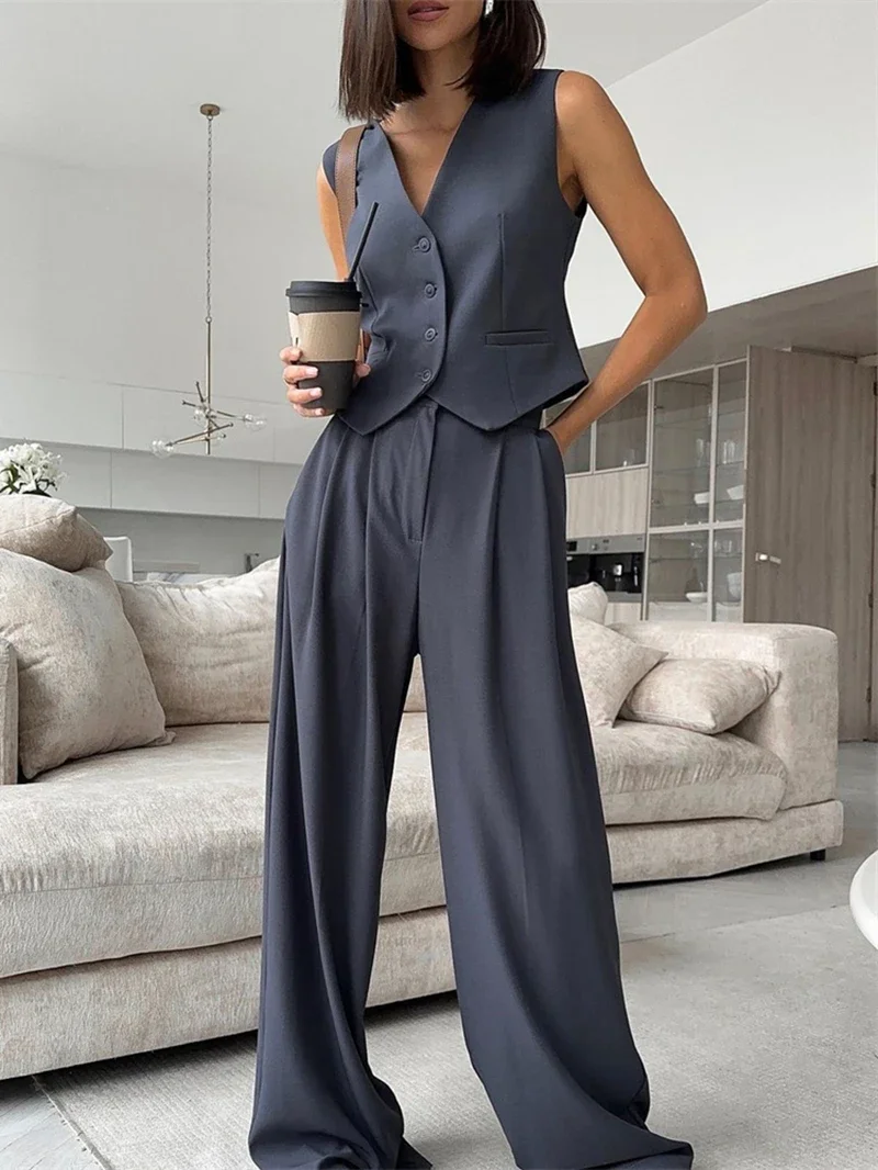 

CHIC Blazer Suits Women Two Piece Set Summer Y2K Clothes Sleeveless Vest Wide Leg Pants Sets OL Style 2 Piece Sets Women Outfit