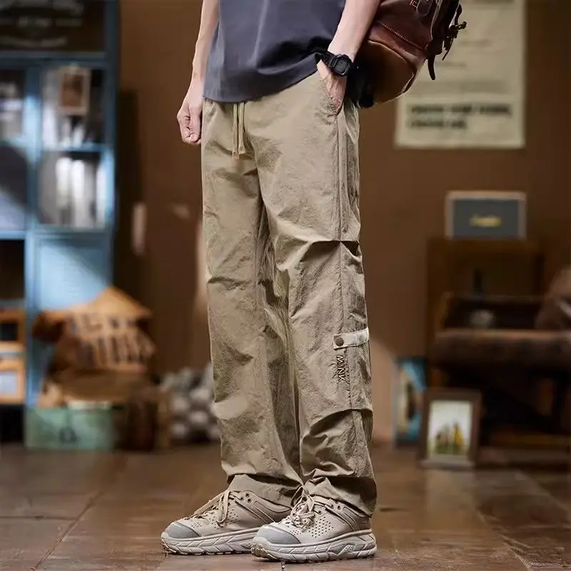 Spring Autumn New Fashion High Waist Men's Clothing Solid Color Loose Casual Rope Hombre Workwear Thin Wide All Match Leg Pants