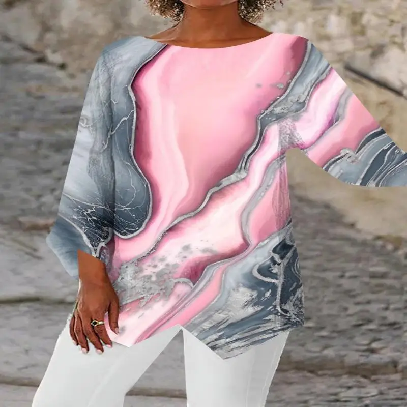 

Plus Size Women Asymmetrical 3/4 Sleeve Scoop Neck Printed Top
