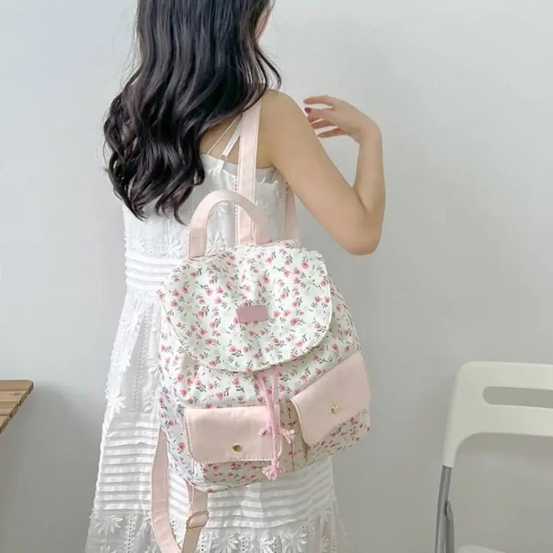 School Girl Small Backpack Sweet Floral Pattern School Bag Aesthetic Daypack 3