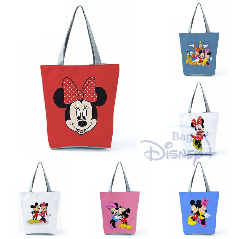 

Disney Mickey Minnie Printed Handbag High Capacity Red Portable Shoulder Bag Cartoon Women Shopping Bag Storage Bag Beach Bag