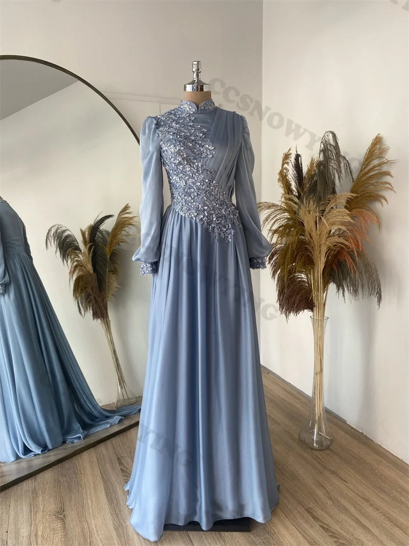 

Elegant Long Sleeve High Neck Appliques Chiffon Muslim Evening Dresses Formal Party Hijab Women Arabic Kaftan Robe