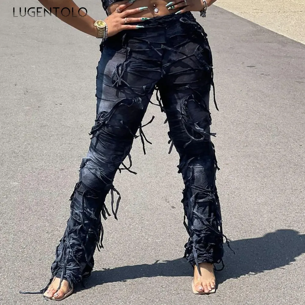 

Personality Fringed Pants Women Street Elastic Waist Tie-dye New Female Fashion Tassel Straight Leg Streetwear Casual Trousers