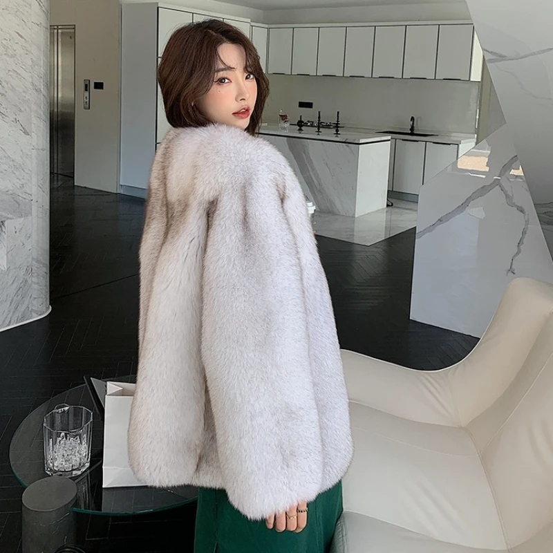 Faux Fox Fur Coat Women Mid Length Version V-neck Loose Outwear 2023 Winter New Thicken Warm Casual Jacket Fashion All-match Top