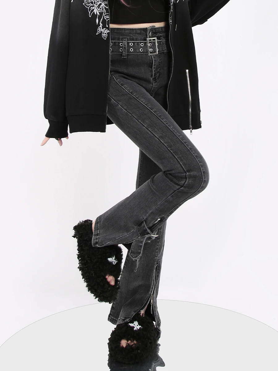 2023 Autumn And Winter New Denim Pants Stretch Denim Heavy Industry Women's Slimming Punk Washed Dark Gray Cool Zipper Jeans