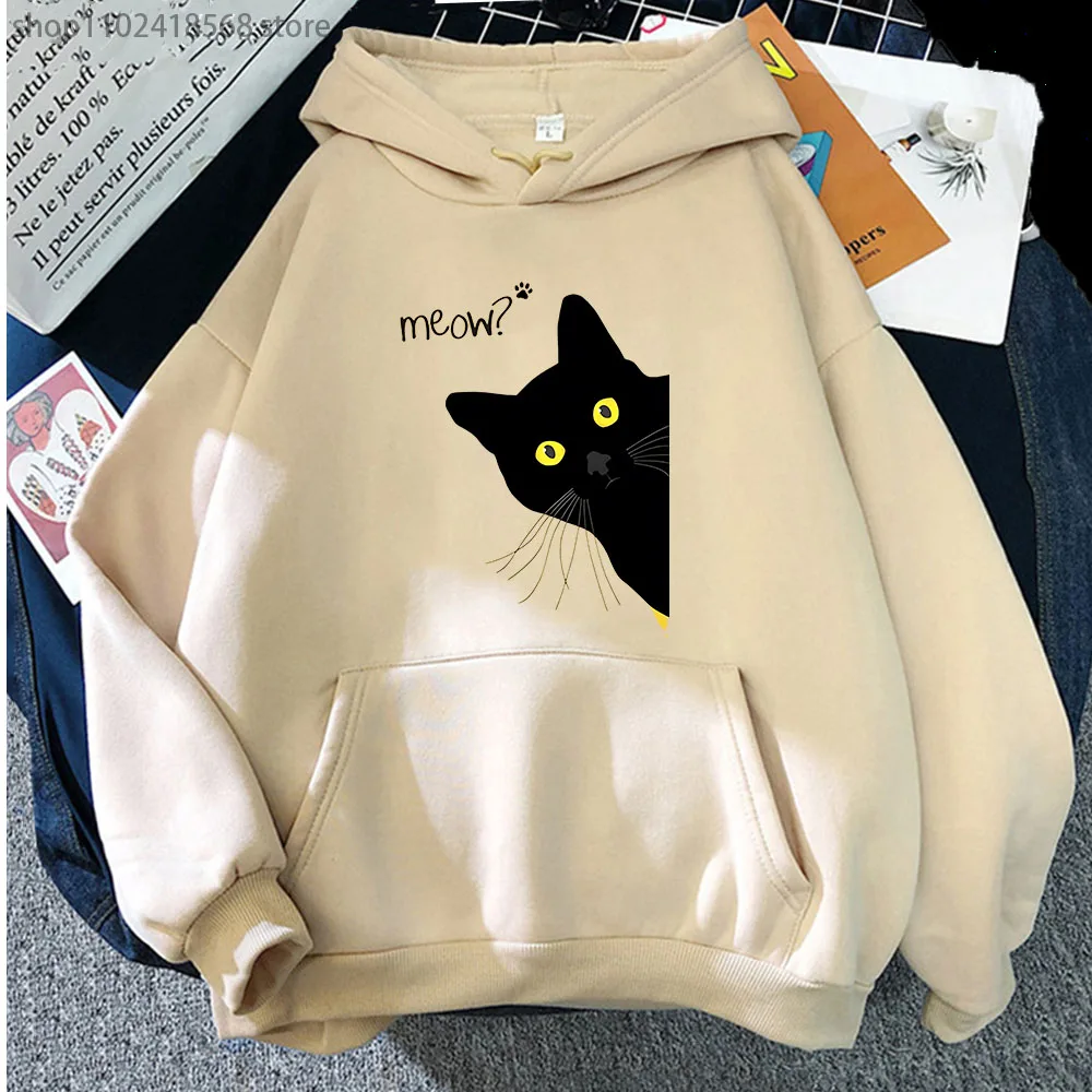 Meow Black Cat Hoodies Funny Printing Sweatshirts Men Autumn Winter Clothes Kawaii Cute Tops Kpop Streetwear Women Sudadera Coat