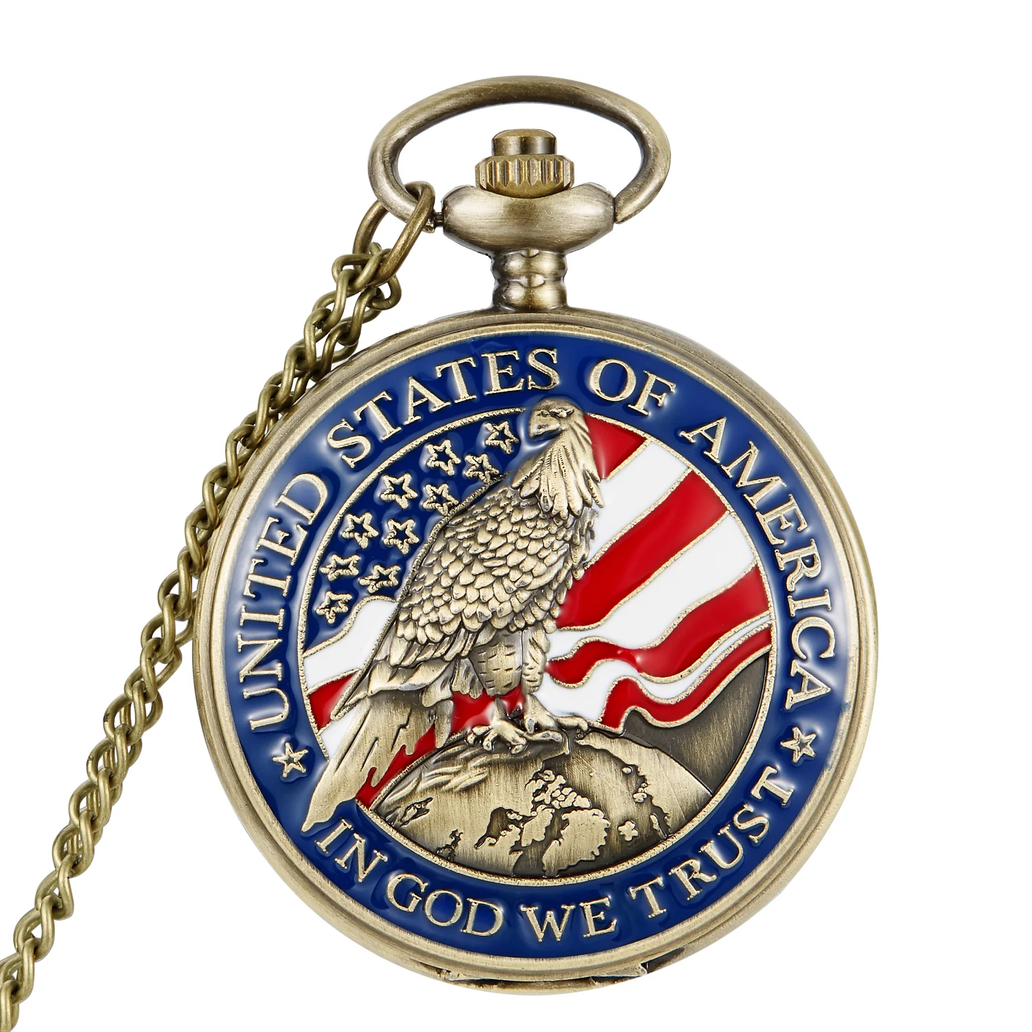 

IN GOD WE TRUST American Eagle Quartz Pocket Watch Vintage Bronze United States of America Necklace Pendant Best Collectibles