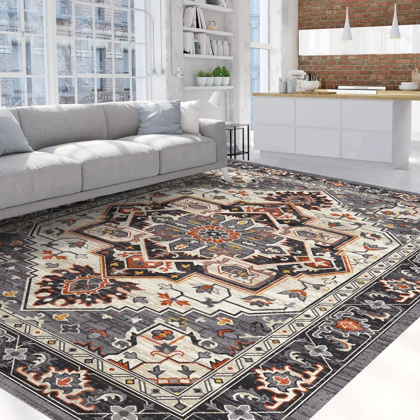 

HOMFINE Ultra-Soft Washable Area Rug - 9x12 Non-Slip Vintage Low Pile Carpet Medallion Rugs for Living Room Bedroom Dining Room