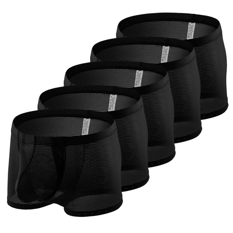 CLEVER-MENMODE 5pcs Mesh Underwear Boxer Sexy Men Sheer Side Open Crotch Boxershort Penis Pouch Panties Transparent Underpants