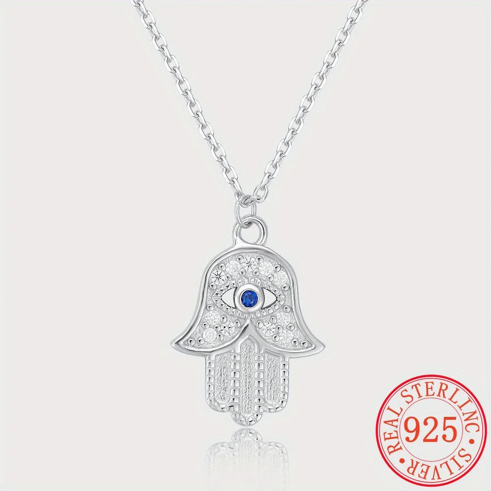 

S925 Silver Hamsa Hand Evil Eye Necklace Pendant for Women - Lockbone Chain Style Jewelry for Wedding Party Daily Wear gift