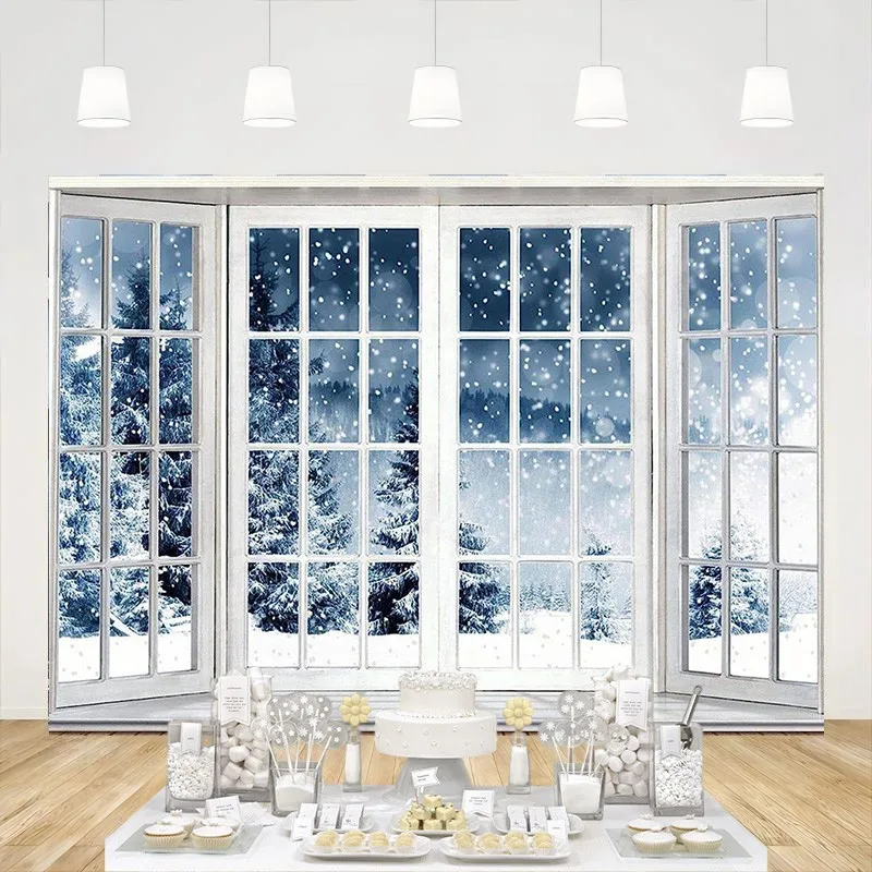 Sfondo Invernale Snowy Forest Scene Window Photography Background White Snowflake Tree Christmas Capodanno Family Party Banner