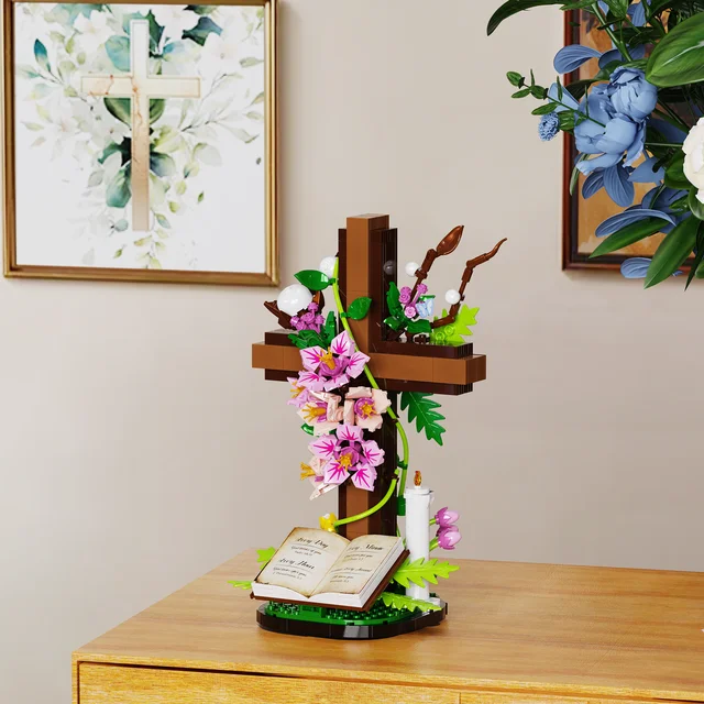 Jesus Cross Flower Building Set,Religious Cross Collectibles Blocks Toys Christmas, Christian, Birthday Gifts for Mothers, Women