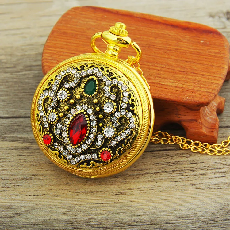 3Pcs Luxury Diamond Rose Gold Orologio Da Tasca Al Quarzo Per Uomo Donna Flower Hollow Carving Orologio Fob Chain Pendant Collana Orologio