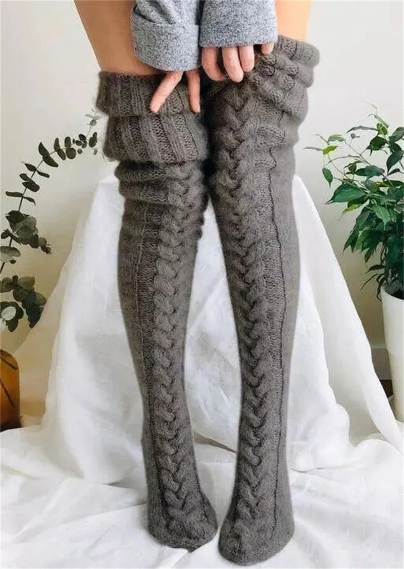 

Women Over Knee Socks Winter Knit Thigh-High Stockings Warm Kawaii Braided Knitted Long Stockings For Girls Woman Dress Sock
