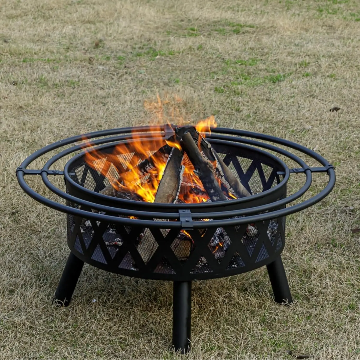 36 Inch Wood Burning Fire Pit with 2 Loops, Outdoor Fire Pit with Spark Screen & Fire Poker, Cross Weave Firepit