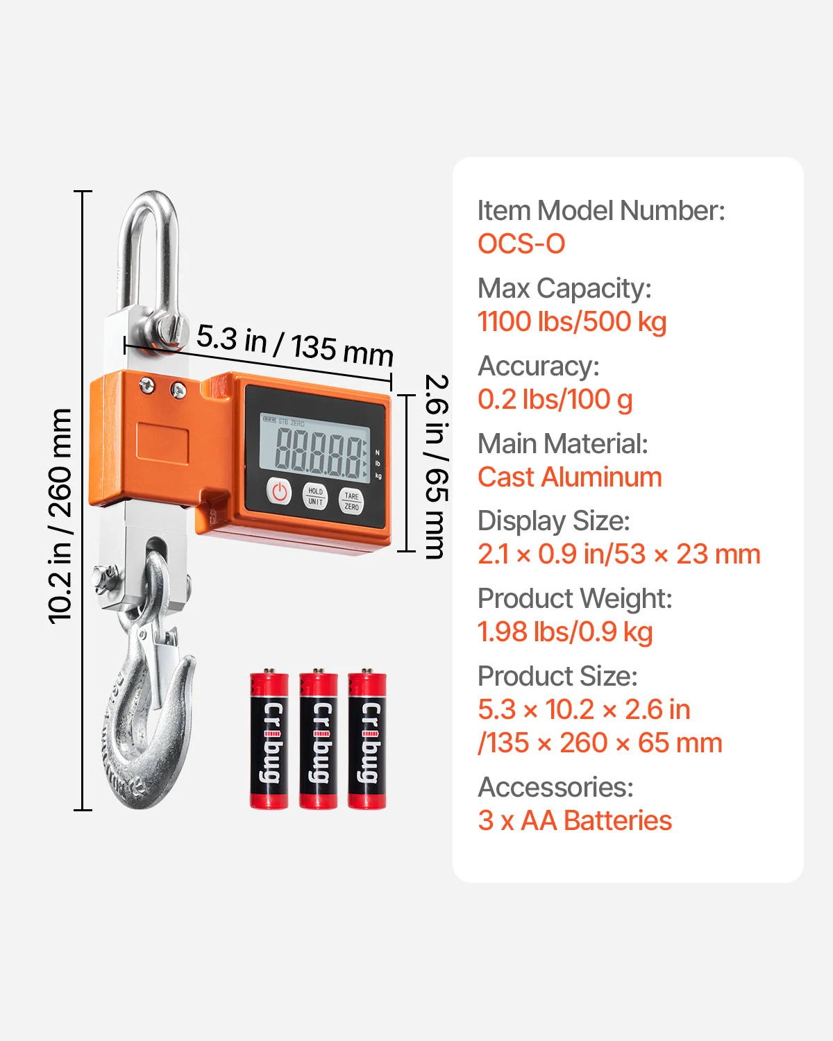 SucceBuy 1100Lbs/500kg Digital Crane Scale Industrial Hanging Scale with LCD Display 0.2lbs Division & 3 Unit Switch for Garage