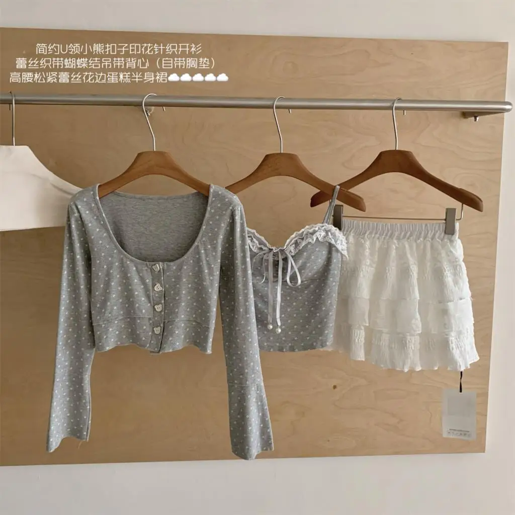 Autumn New Sweet 3-piece Skirt Set Women Spaghetti Strap Top Cardigan Mini Cake Skirt Y2K Kawaii Korean Fashion Suit Clothing