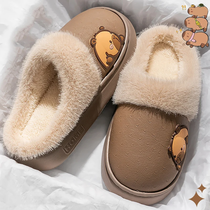 Cute Capibala Cotton Slippers Women Indoor Waterproof Non Slip Fluffy Slippers Woman Comfortable Thicken Plush Warm Home Slides