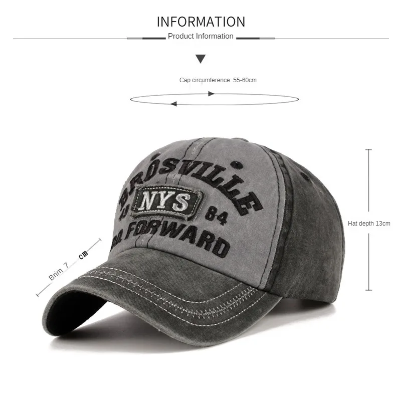 Baseball Cap ELAIF American Vintage Baseball Cap Women's Soft Top Letter Washed Denim Cap Wide Brim Large Head Circumference Small Hat
