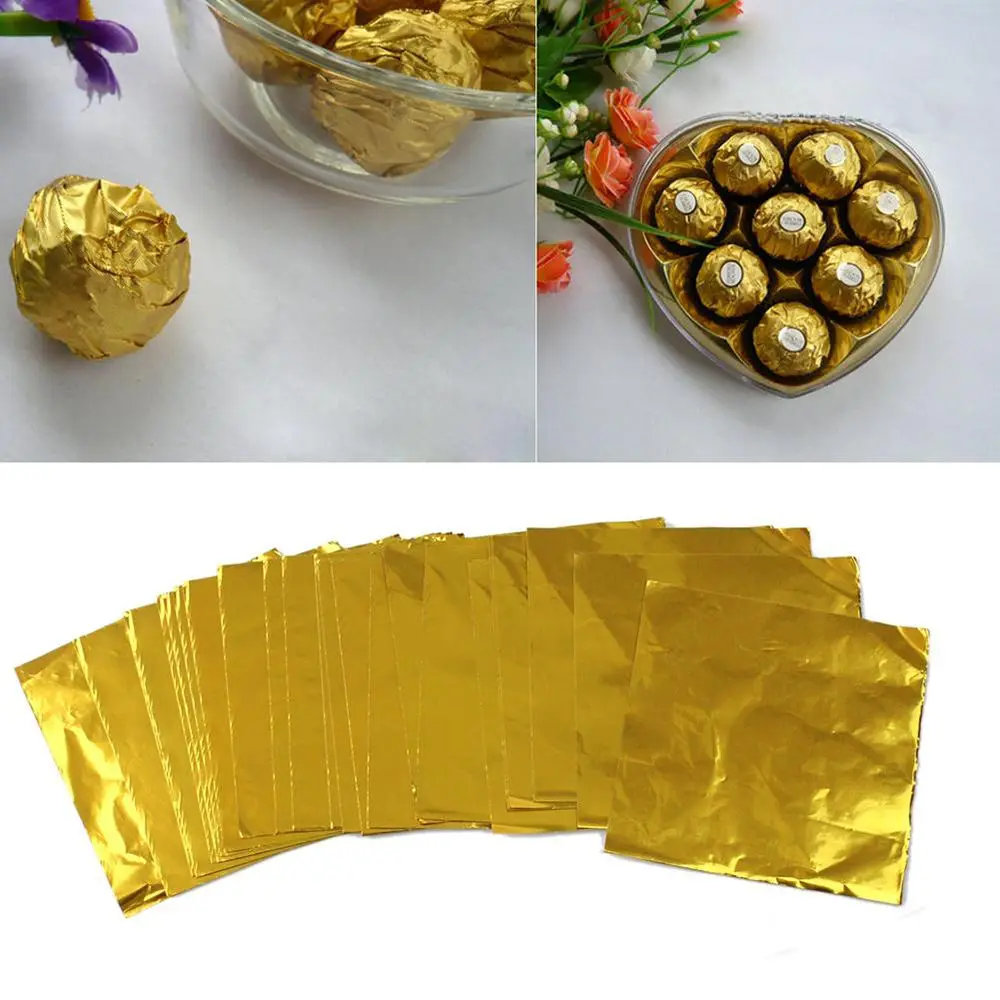 

100 шт. 8*8 см золотая алюминиевая фольга для упаковки конфет, шоколада, печенья, Оловянная бумага, стандартная металлическая рельефная подарочная упаковка для рукоделия