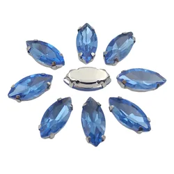 Elegant Marquise Sew-On Rhinestone Crystals with Silver Metal Base - 13x27mm 10pcs (Blue)