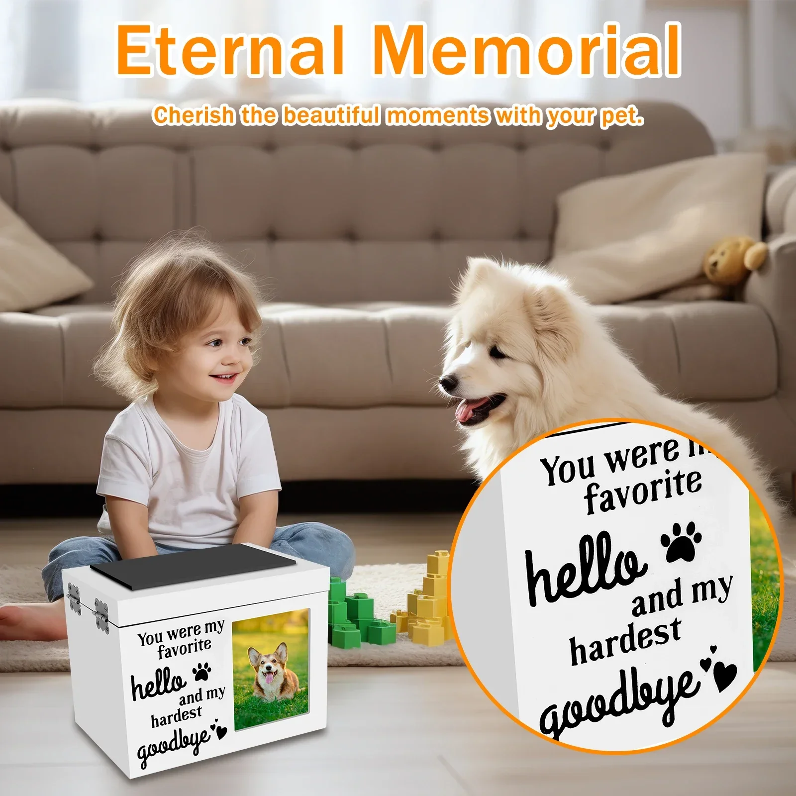 Wood Pet Memorial Urn Dog Cremation Urn Photo Frame Key and Lock Personalized Pet Keepsake Memory Box for Dog or Cat Ashes