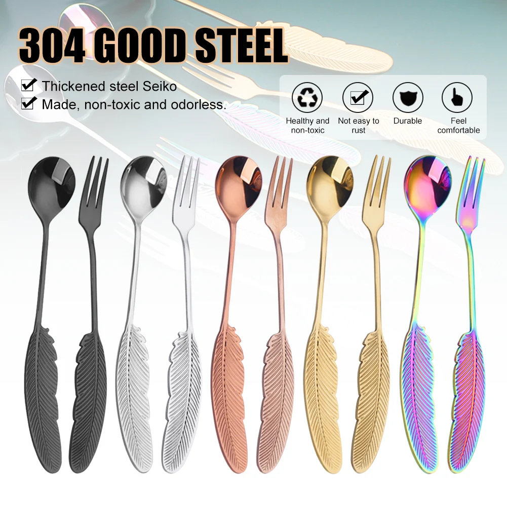 

Stainless Steel Dessert Spoon Fork Feather-shaped Spoon Fork Coffee Stirring Spoon Tableware Festival Gift Kitchen Accessories