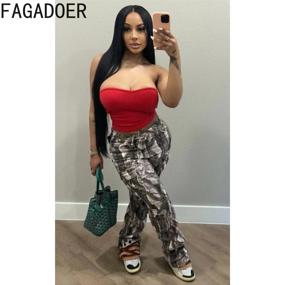 FAGADOER Fashion Printing Pocket Cargo Pants Women High Waisted Button Skinny Trousers Casual Female Matching Stacked Bottoms