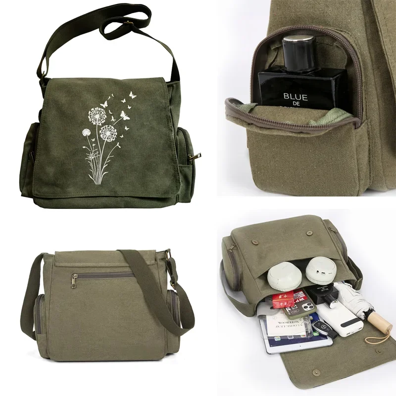 Dandelion & Butterfly Floral Print Women's Messenger Bags Zipper Closure Handbags Vintage Canvas Travel Crossbody Bag