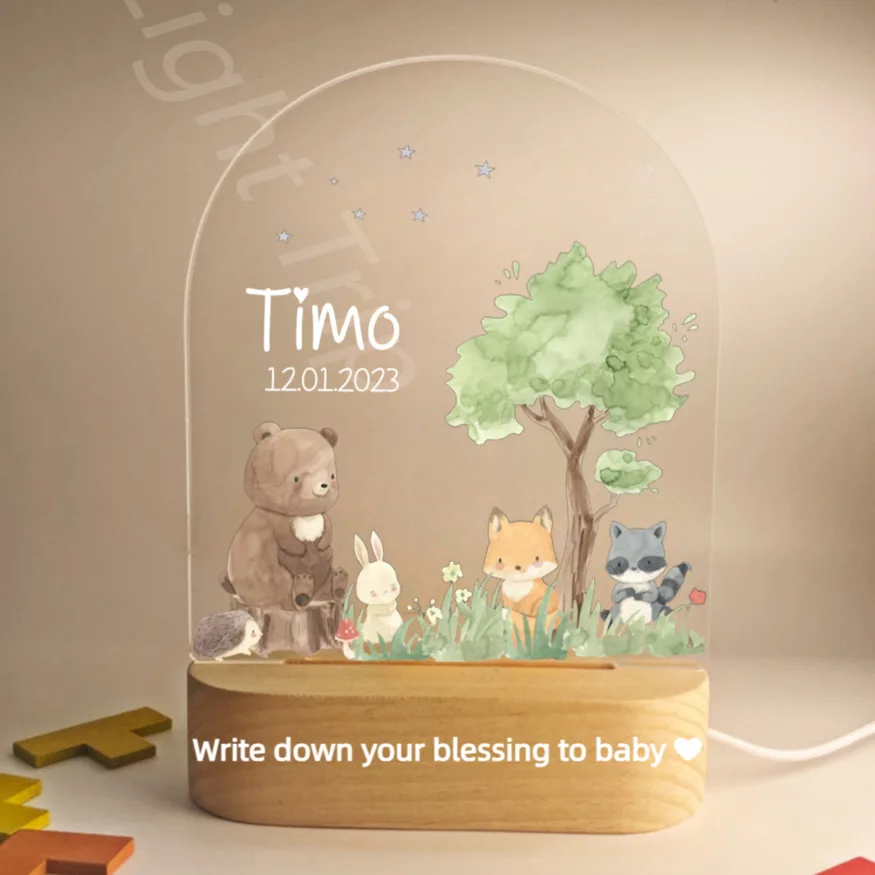 Customized Baby Birth Night Light Personalized Name Animal Bear Bunny Rabbit with USB Lamp for Bedroom Birthday Christmas Gift