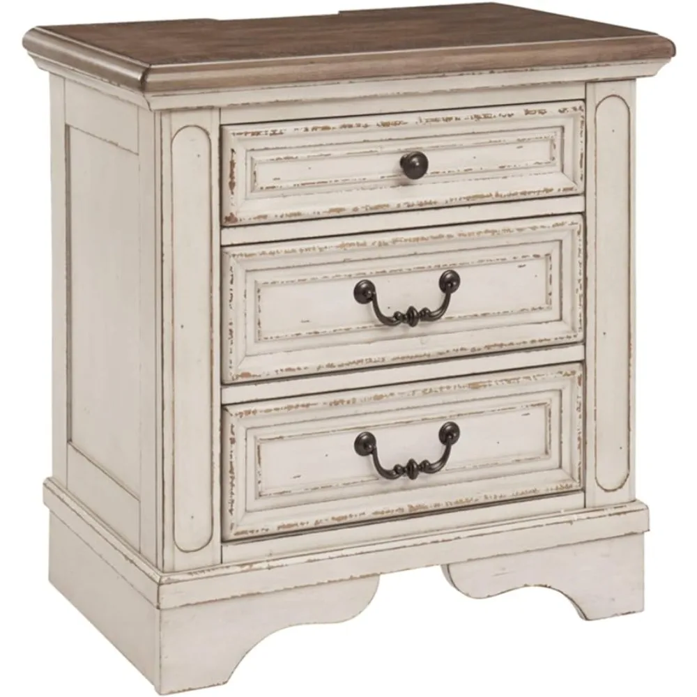 

new Signature Design by Ashley Realyn French Country 3 Drawer Nightstand with Electrical Outlets & USB Ports, Chipped White