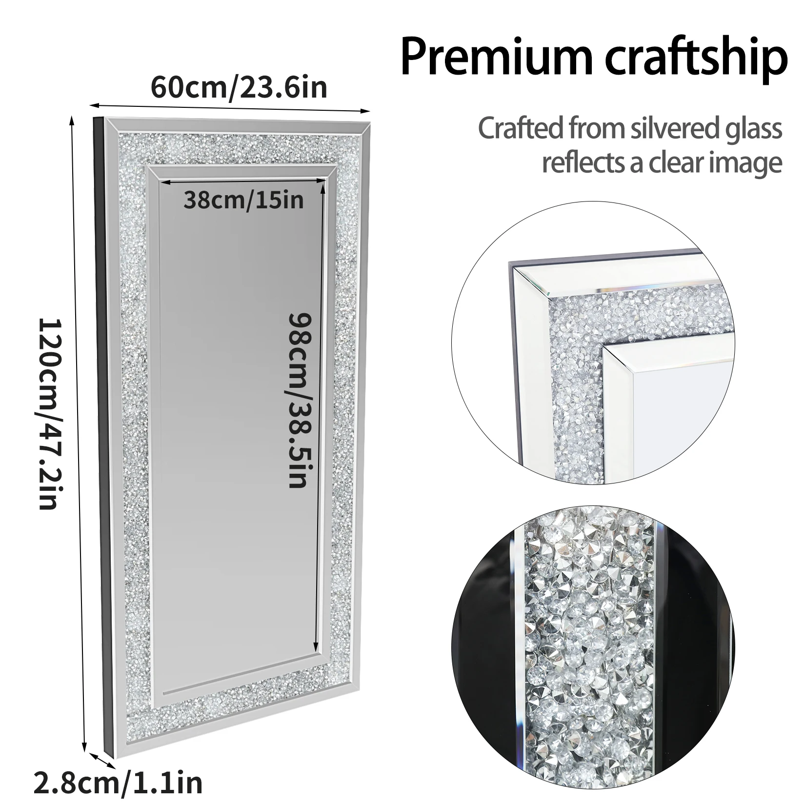 XXXL Large Charming Diamond Decorative Wall Mirror Crushed Crystal Long Full Length Mirror 5