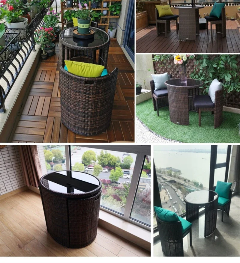 Courtyard Terrace Outdoor Round Table and Chairs Balcony Rattan Garden Furniture Set Three-piece Patio Leisure Table and Chairs