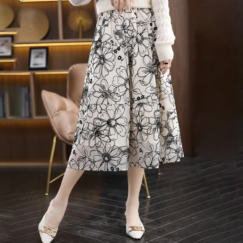 Summer New Flocking Line Skirt High Waist A-Line Skirt Retro Slim Long French Elegant Floral Umbrella Skirt