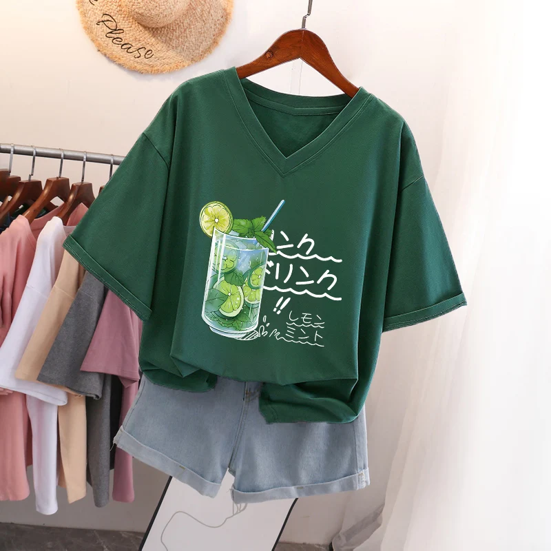 

Plus Size 6XL 150kg Summer V Neck Short Sleeve Cartoon T-Shirts Large Size TShirt Women Big Tops Tees