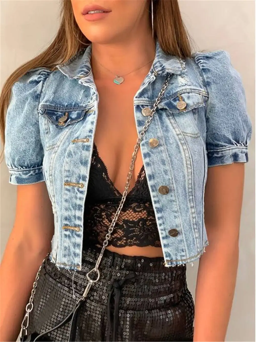 Women Crop Denim Jacket Fashion Vintage Retro Holes Puff Short Sleeve Pockets Coat Top Female Casual Short Clothes Streetwear