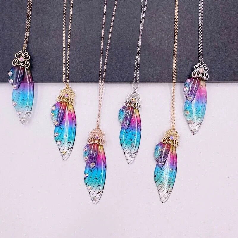 12 colors fashion Silver gold Fairy Purple Gradient Clear Resin Butterfly Shiny Insect Wing Pendant necklace for women jewelry