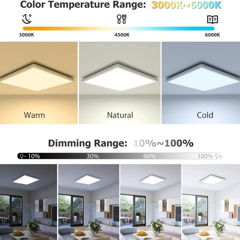 사각형 RGB LED 천장 램프 24W 백라이트 야간 조명 디밍 가능 3000-6500K 리모컨 포함 IP44 방수 룸 데코용