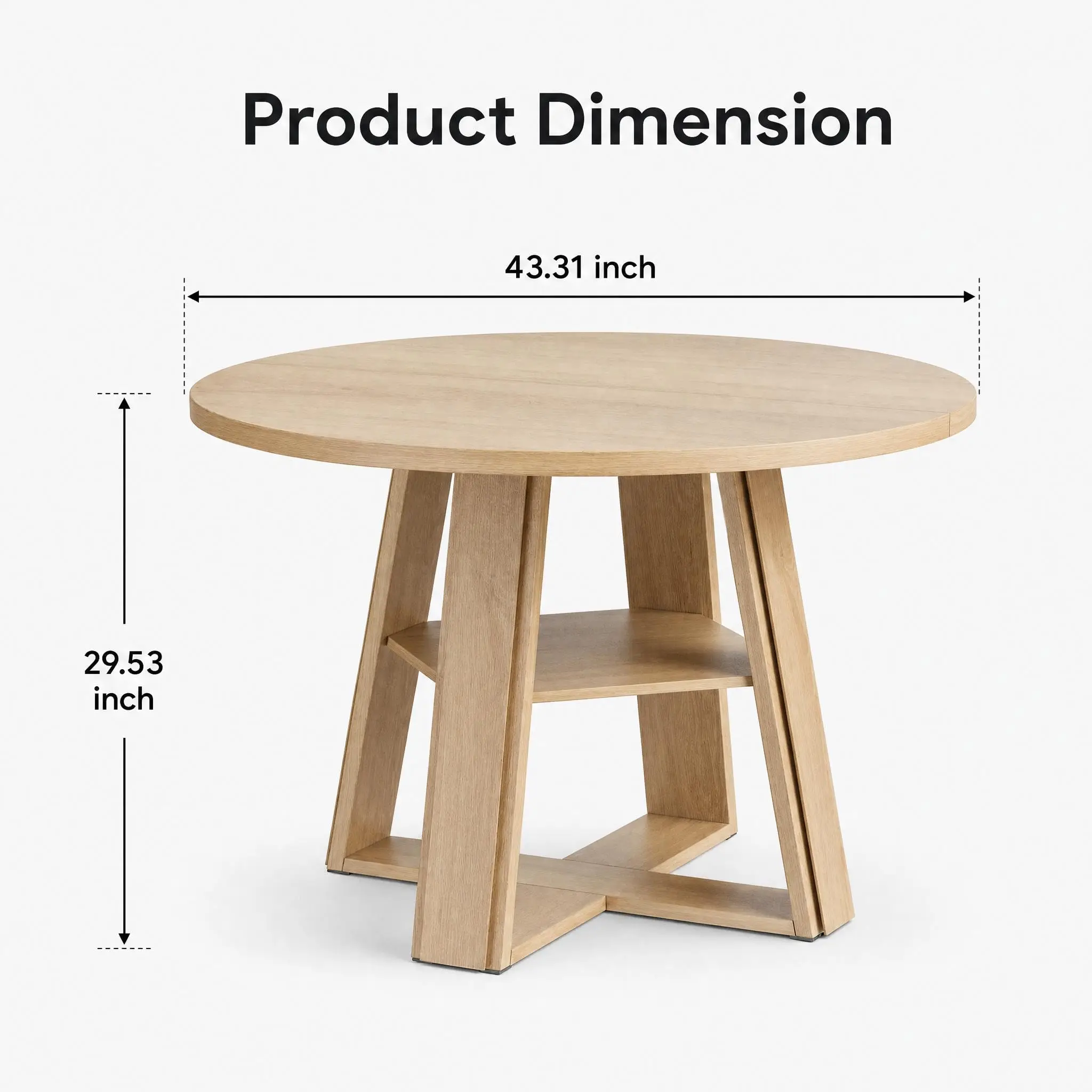 Modern Farmhouse 43'' Round Dining Table with Sturdy Wooden Pedestal, Extra Storage Shelf, Space-Saving for Kitchen & Dining Room, Seats 2-4,(Only table)