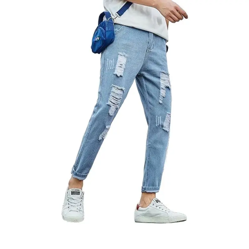 Summer 2022 New Beggar Personality Ripped Hole Denim Jeans Men Cowboy Korean Slim Feet Casual Ankle Length Teenagers Men Pants