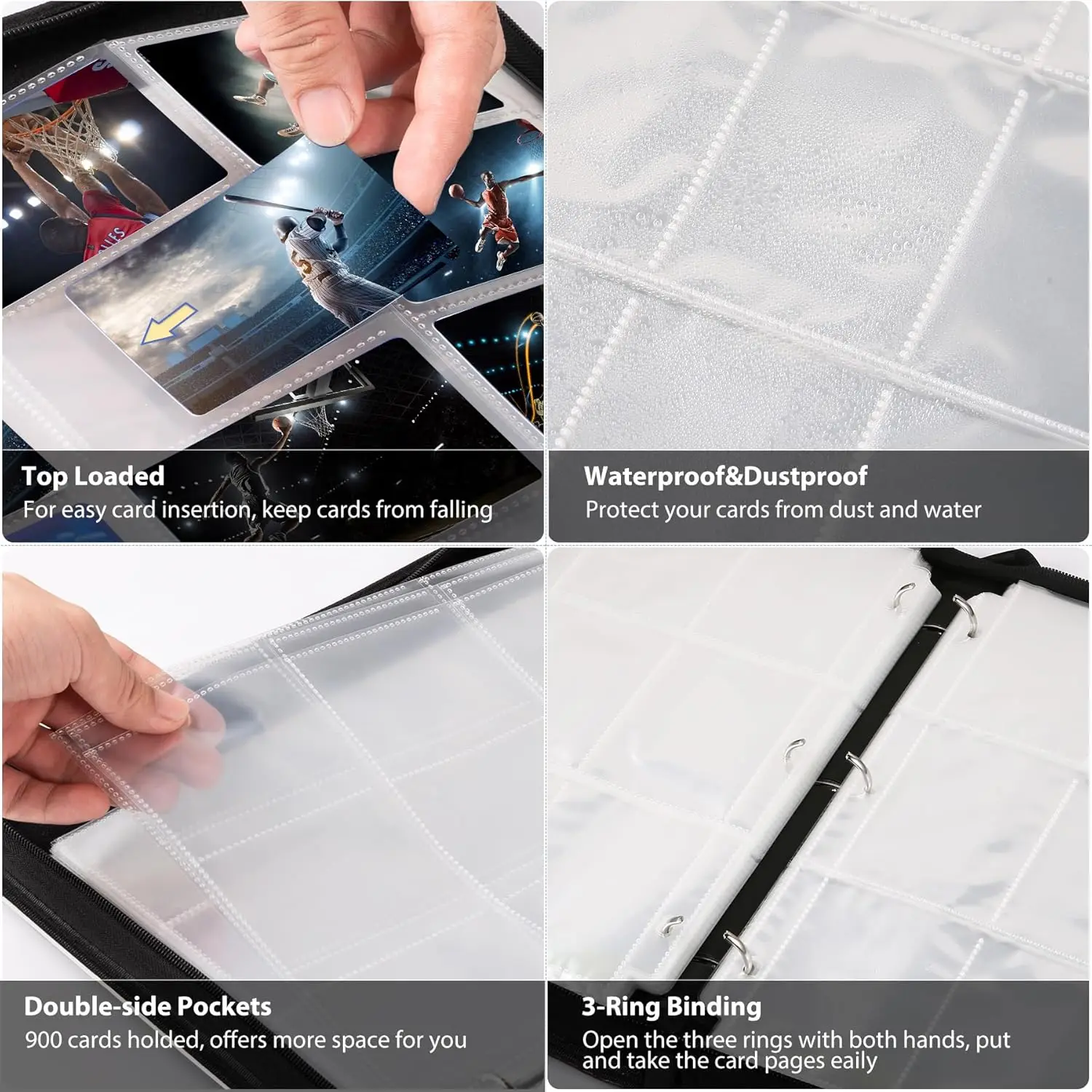 3 ring Trading Card Binder, 900 Pockets Baseball Card Binder Sleeves with  Zipper, Double Sided Pocket,for Game Card, Sports Card - AliExpress 21