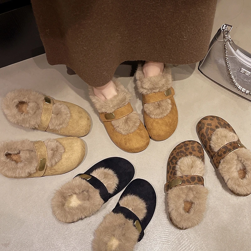 Aphixta Metal Buckle Loafers Warm Winter Shoes Furry Women Loafers Leopard Print Suede Shoes Short Plush Lining Flat Heel Shoes