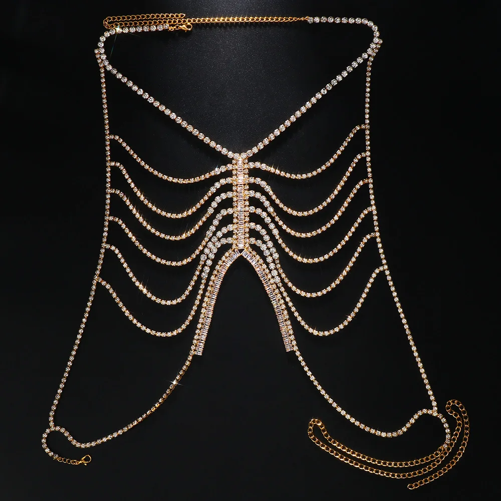 Luxury Rhinestone Zircon Multi-layer Body Chest Chain Harness Necklace Body Jewelry for Women Crystal Sexy Bikini Top Bra Breast